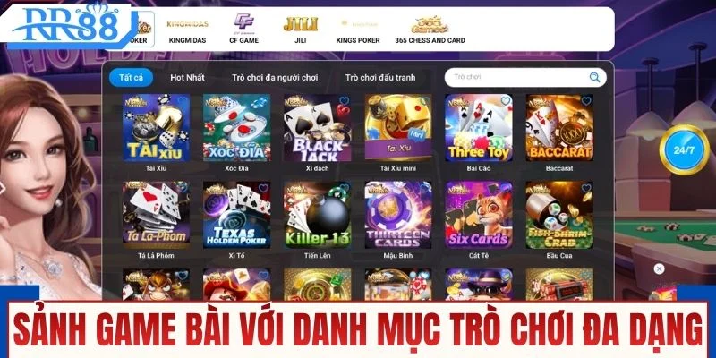 Sảnh game bài với danh mục trò chơi đa dạng